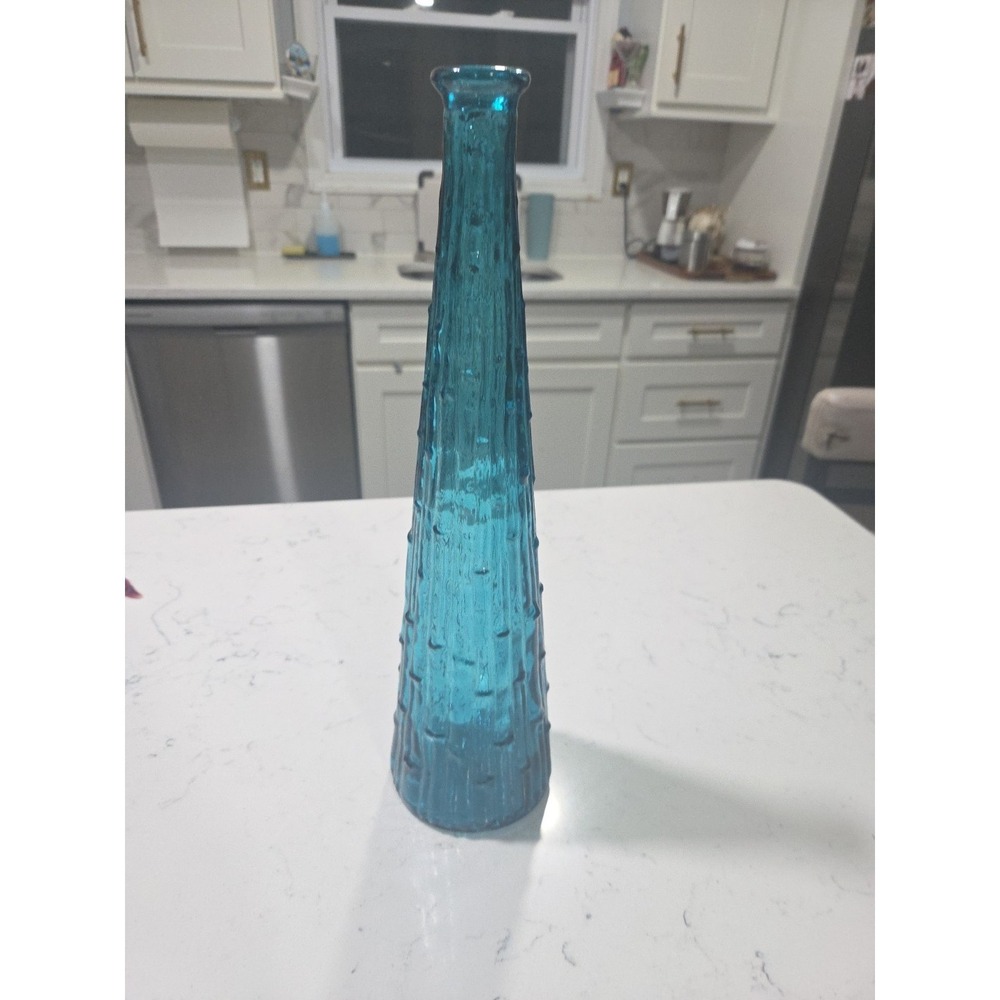 Vtg Aque Blue Italian Bamboo Peacock‎ Tall Genie Bottle 15.5" Decanter